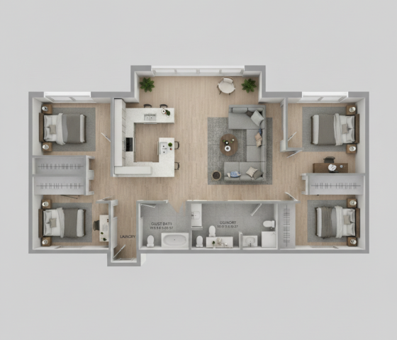 2 bed-1 bath with 975 sq ft